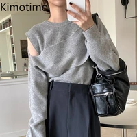 kimotimo design pullover sweater women autumn o neck off shoulder patchwork fake two top korean chic long sleeve knit sweaters