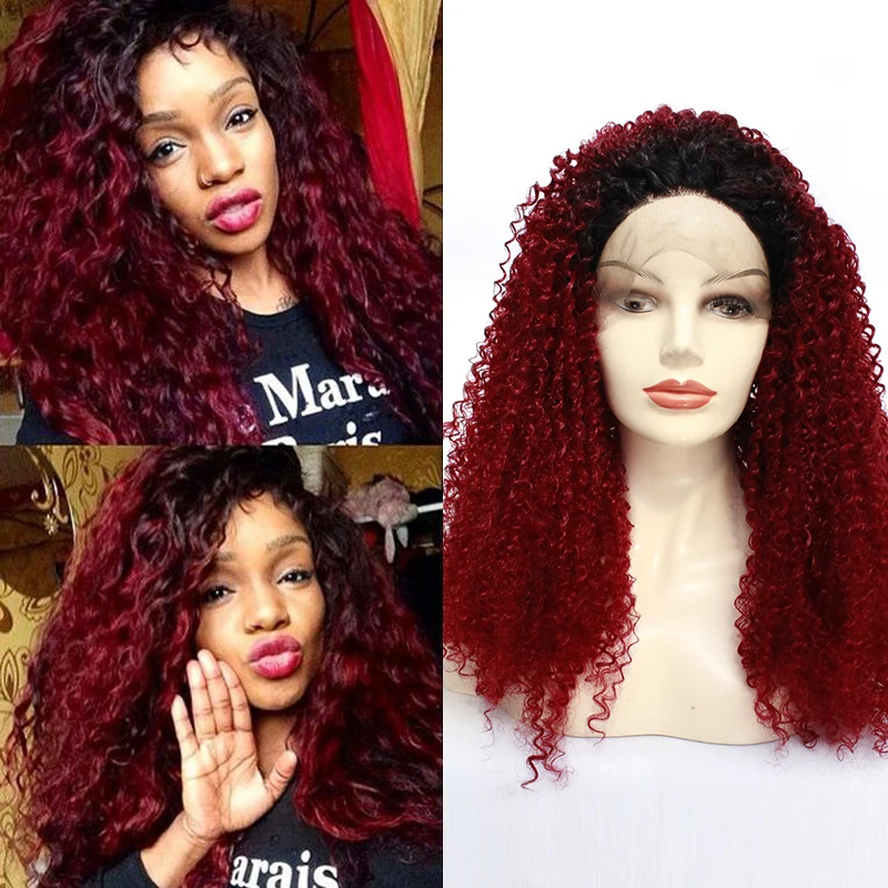 

Afro Kinky Curly Black Ombre Two Tone Bug# Wine Red Burgundy Synthetic Lace Front Wig Glueless Heat Resistant Fiber For Women