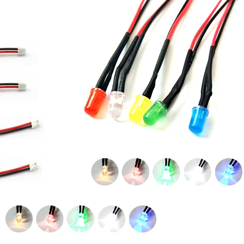

50Pcs 3V 5V 6V 9V 12V 24V 36V 48V 110V 220V Colorful Lens 5mm LED With 20cm Wire And ZH1.5 Plug, White Red Blue Green Yellow