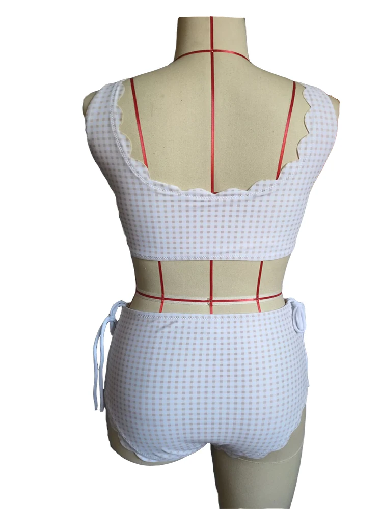 

Women 2Pcs Plaid High Waist Swimwear Lady Girls Lace Up Bandage Bikini Set Bathing Swimsuit Biquini Clothing