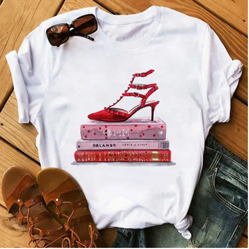 

High Heels Printed Short Sleeve Top Casual T-shirt Ladies Clothes Women Fashion Shirts AOWOF Summer Women's T-shirt