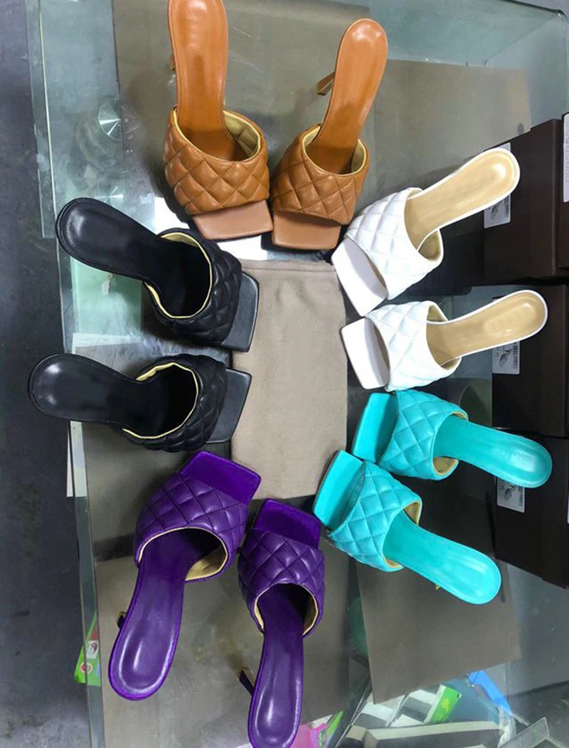 Женские шлепанцы из 100% натуральной кожи на высоком каблуке модные открытые