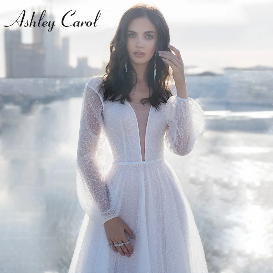 

Свадебное платье трапециевидной формы Ashley Carol 2023 с глубоким v-образным вырезом и рукавами-фонариками, платья невесты со средней спинкой, блестящие расшитые блестками пояса, Vestidos De Novia