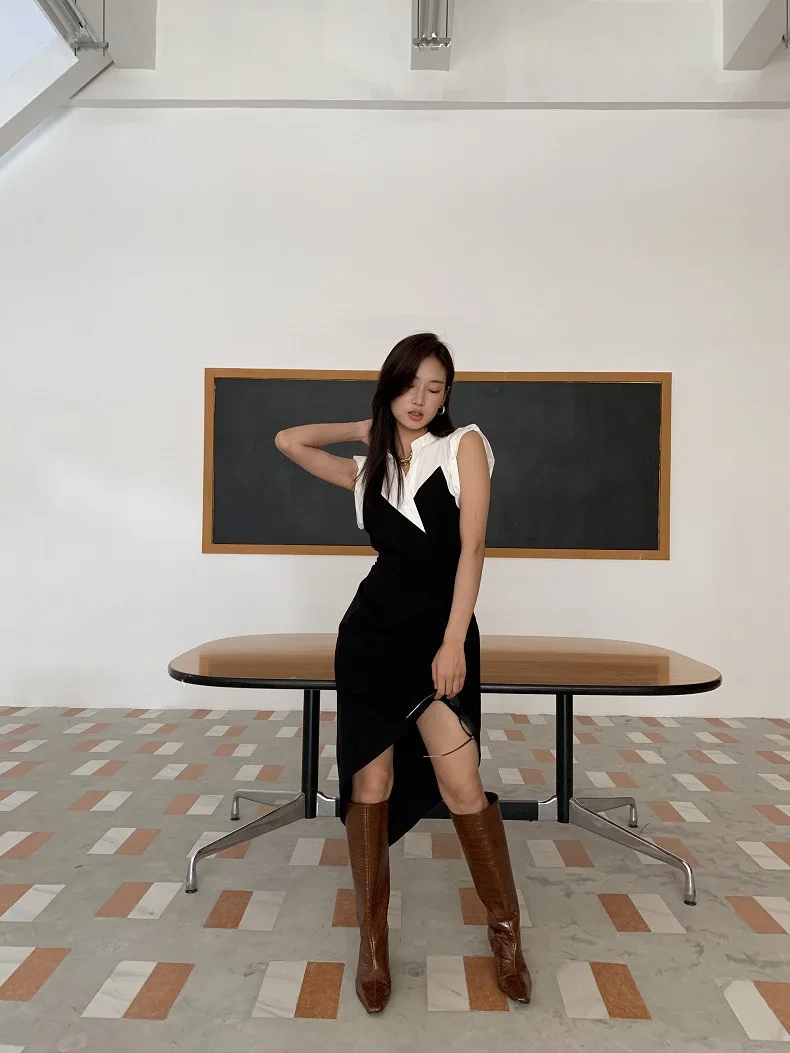 

2021 Summer New French Irregular Design Patchwork Ladies Mid-length Dress Urban Elegant Wild Fashion Women A-line Shirt Dress