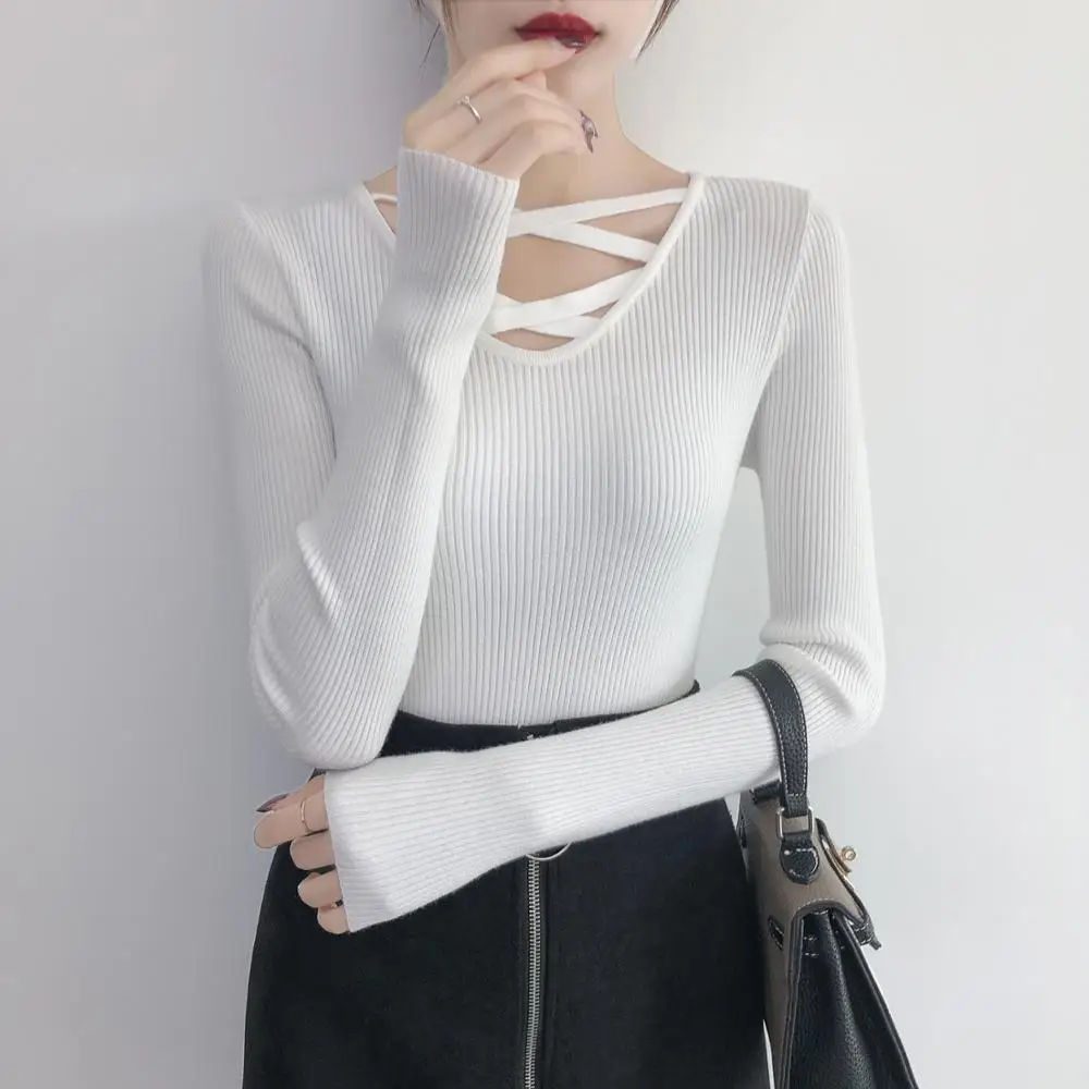 Новинка Осень/Зима 2019 приталенный свитер с v-образным вырезом и длинными рукавами