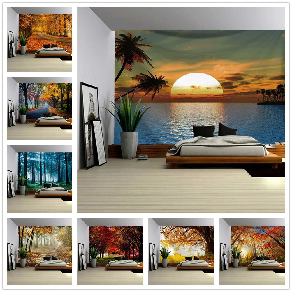 

Seaside forest atmosphere tapestry wall hanging natural scenery tapestry sunshine evergreen plants home decoration room