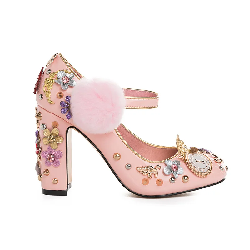 Женские туфли лодочки Phoentin pink mary janes с кристаллами и цветами мехом из натуральной