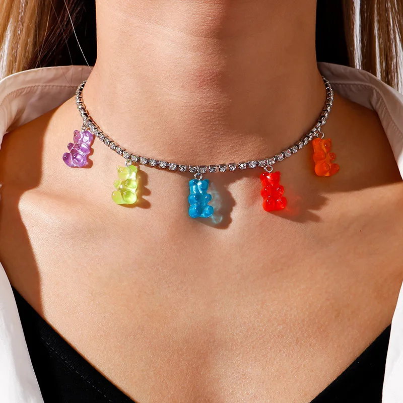 

Disco Jumping Cool Girl Colorful Bear Necklace Full Diamond Chain Exquisite Clavicle Chain Female Wholesale