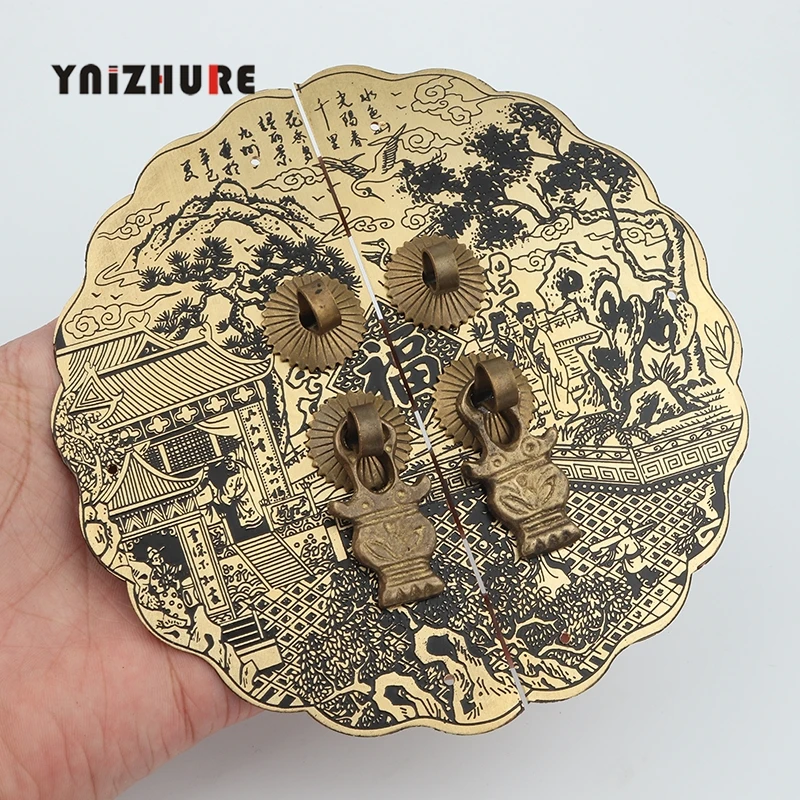 14cm Chinese style Antique Round Brass Bronze carving process Pure copper handle Cabinet Door Pull Handle Door Lock