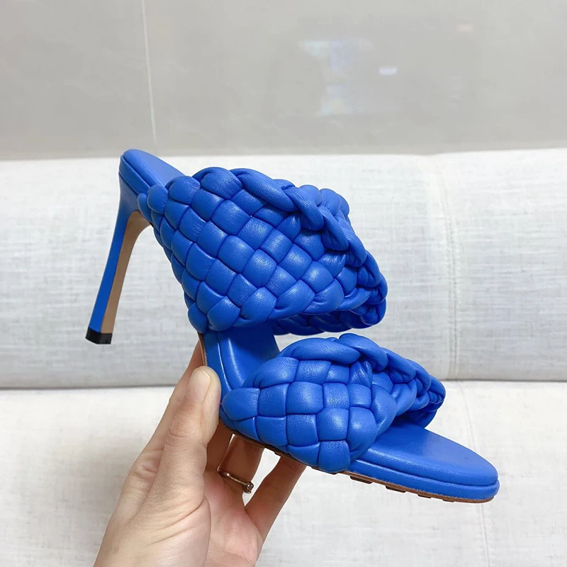 

2020 New Summer Genuine Leather Weave One Strap Sandals Woman Thin High Heels Peep Toe Mules Woman Party Shoes wending shoes