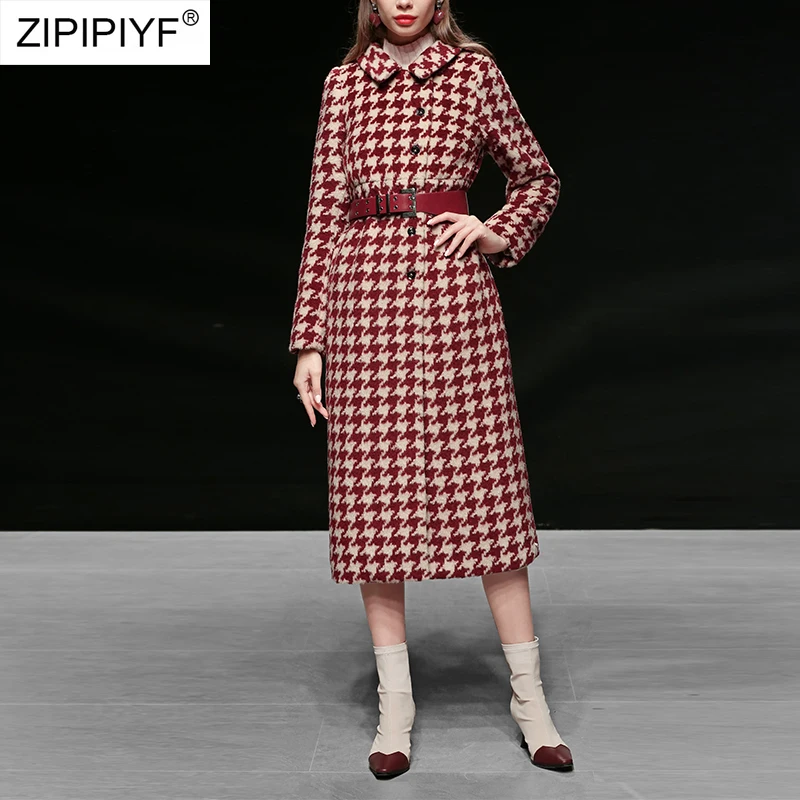Модное женское Шерстяное Пальто 2019 зимнее облегающее клетчатое пальто с