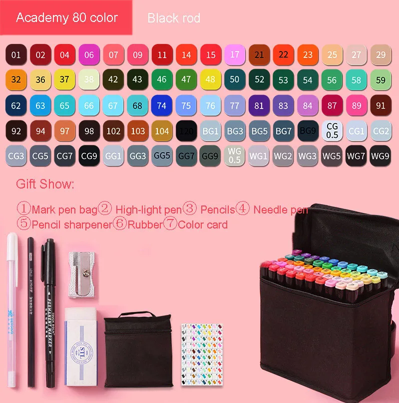 Markers brush Pen Set authentic student double-headed beginner 30/40/60/80 colors oil alcohol painting marker art supplies - Цвет: currency80 black rod