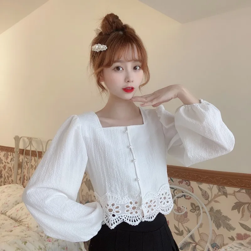 

Blusas mujer de moda feminina Ulzzang, женский укороченный топ, открытые блузки, милые весенне-осенние Рубашки с квадратным воротником, модный бренд ins