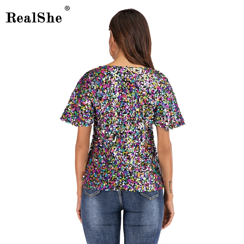 RealShe женские футболки и топы круглый вырез короткий рукав Sequince Camiseta Feminina