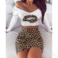 aylosi women two piece sets sexy v neck mouth print long sleeve tops leopard mini skirts casual streetwear lounge wear clothes