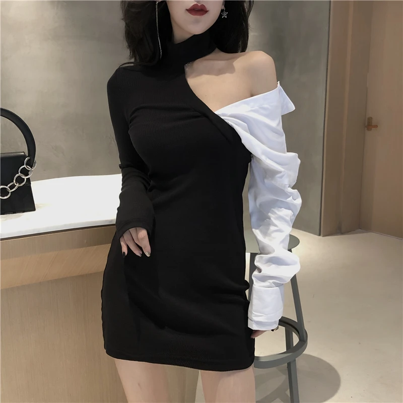 

2020 autumn new Korean style contrast color long-sleeved dress slim sexy halter neck one shoulder dresses women