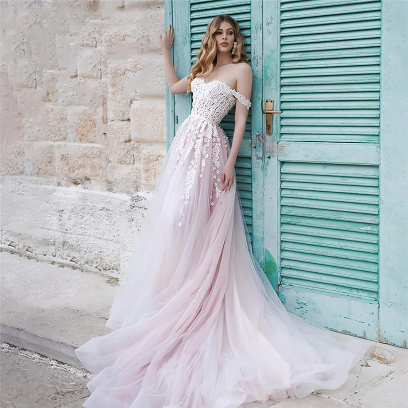 Sevintage розовый с открытыми плечами Boho Свадебное платье кружевной аппликацией