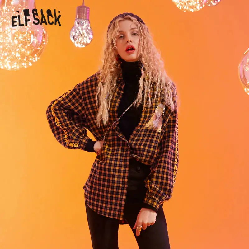 ELFSACK желтая клетчатая с аппликацией богини на одной пуговице Повседневная блуза