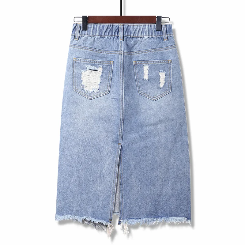 High Quality Women Plus Size Skirt Elastic Waist 2020 Spring Summer Blue Bodycon Denim Skirts Casual Hole Ripped 6XL | Женская одежда