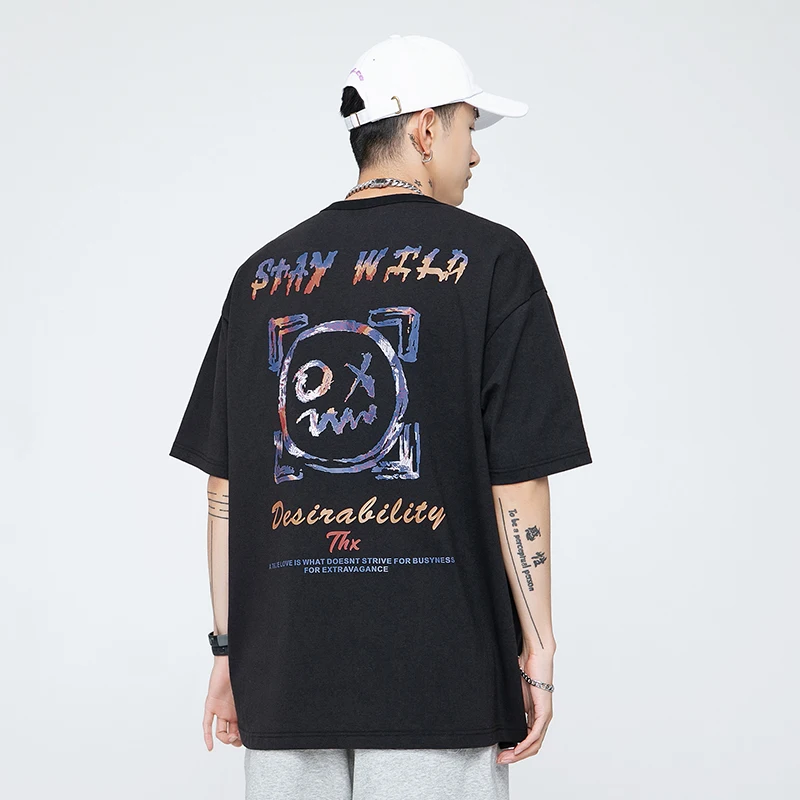 

Summer new trend smiley face printing short-sleeved T-shirt men's hot picture process loose compassion 2021