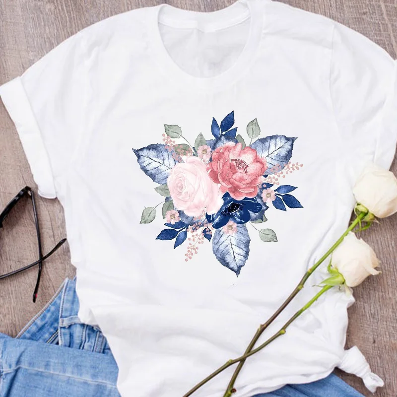 Футболка женская с цветочным принтом топ графическим одежда в Корейском стиле 90