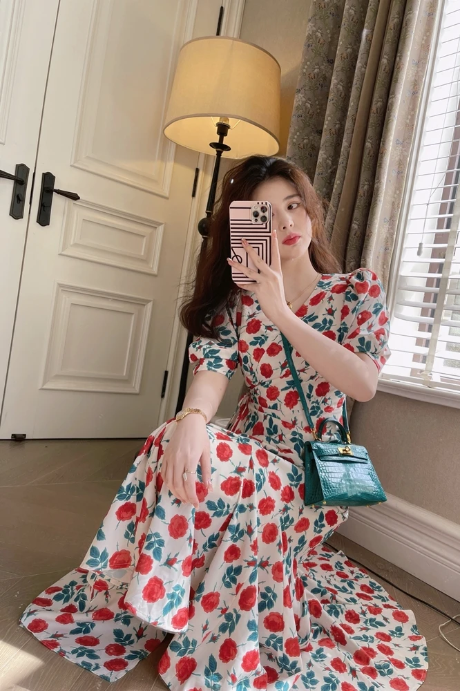 

Summer Short Sleeve Floral Print One Piece Midi Dress Boho Breach Party Casual Women Clothing Fashion New 2021