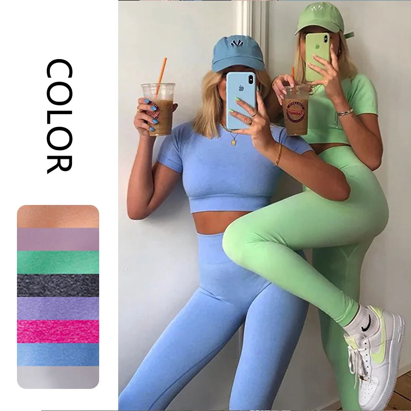 

Seamless 2 Piece Set Women Pink Crop Top T Shirt Sport Shorts Yoga Sportsuit Workout Active Outfit Fitness Gym Sets