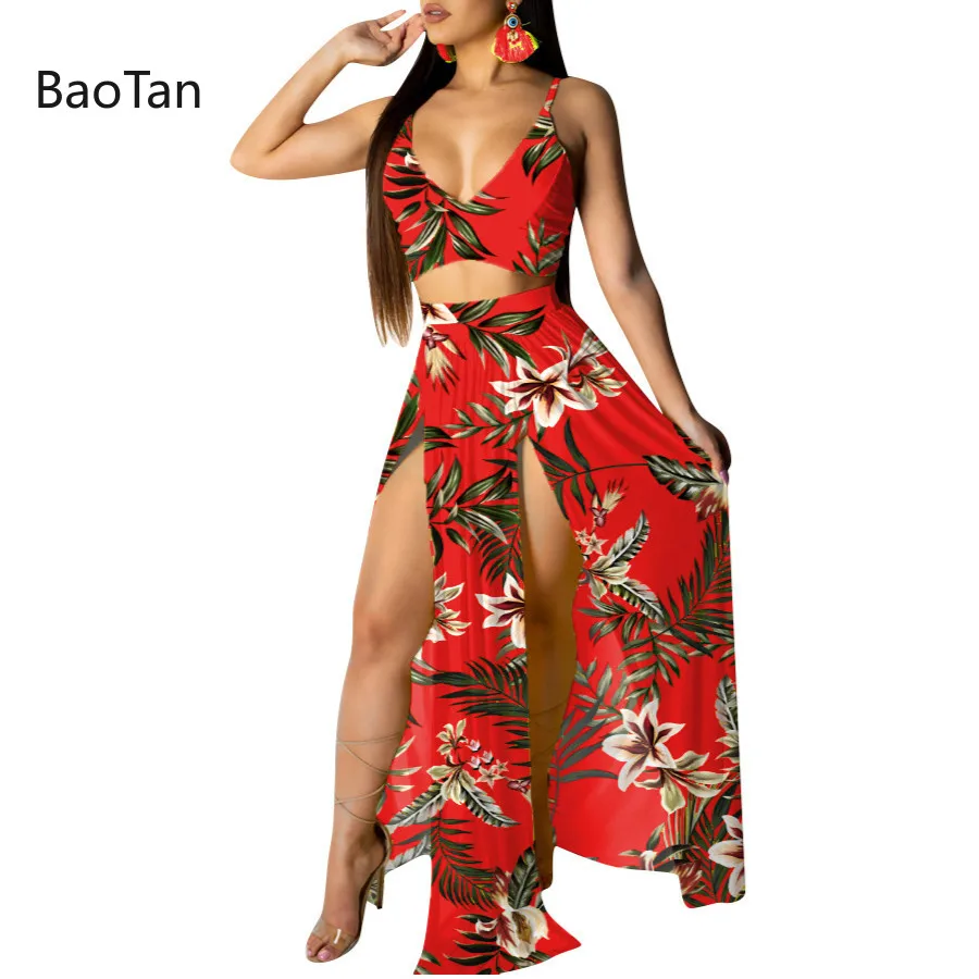 

two piece set women sexy print chiffon crop top and skirt suits
