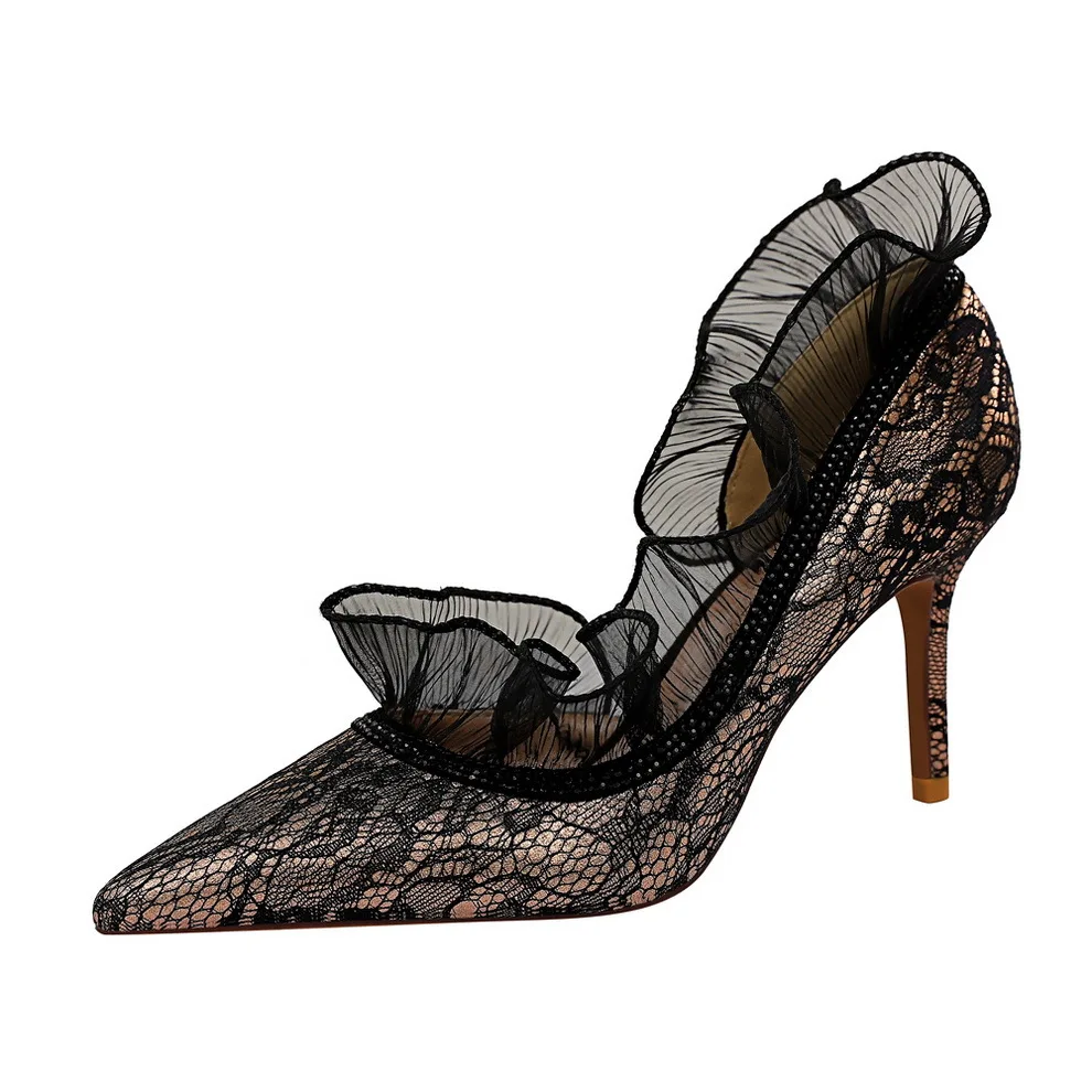 

European And American Style Sexy Evening Was Thin Fine with High Heels Shallow Mouth Pointed Side Cutout Rhinestone Lace Shoes