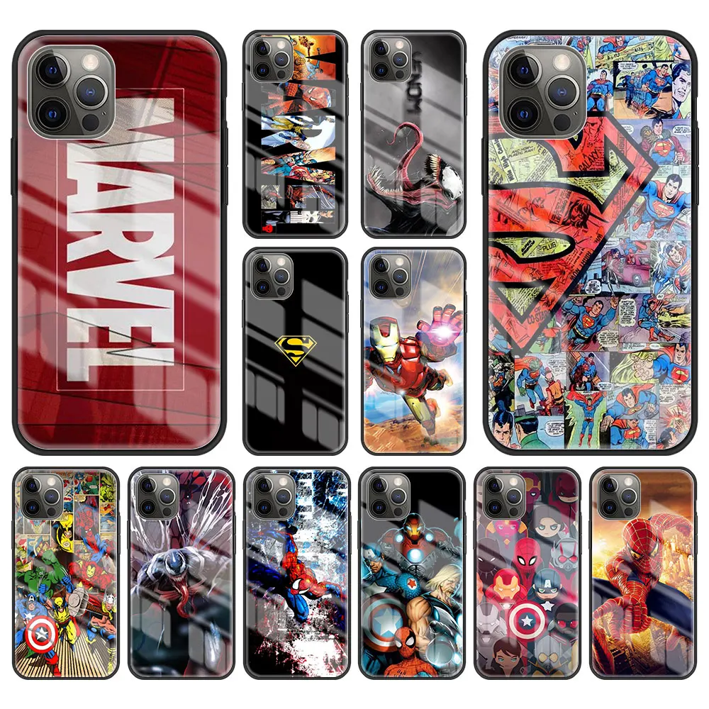 

Marvel Superheroes Tempered Glass Case For Apple iPhone 11 12 13 Pro Max 7 8 Plus 6 6S+ SE X XS XR Phone Cover Back Coque Shell