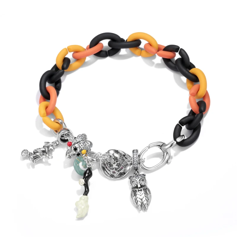 

2021 Halloween Bracelet 925 Sterling Silver Witch Clown Wizard Hat Owl Charms Double Chain & 3-color Rubber Combination Bracelet