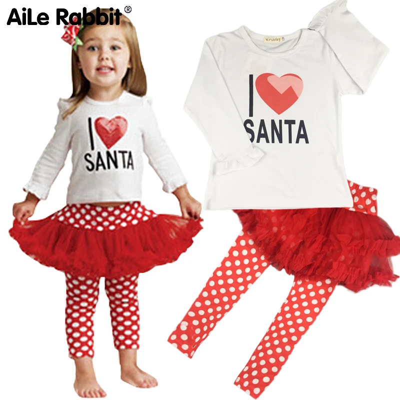 

Рождественский комплект для девочек, футболка с длинными рукавами и штаны комплект из 2 предметов, леггинсы в горошек с юбкой-пачкой топ с на...