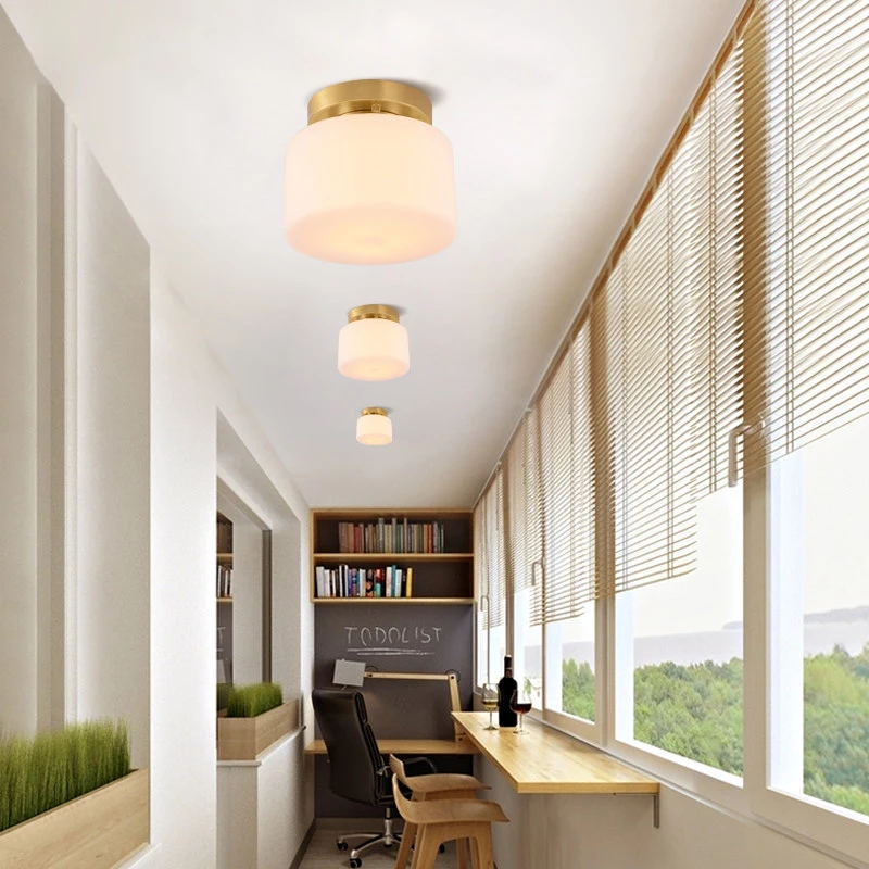 Koop Amerikaanse Stijl Echte Messing Plafondlamp Creatieve Gang Gangpad Plafondlamp Wit Frosted Glazen Kap Lampen En Lantaarns E27