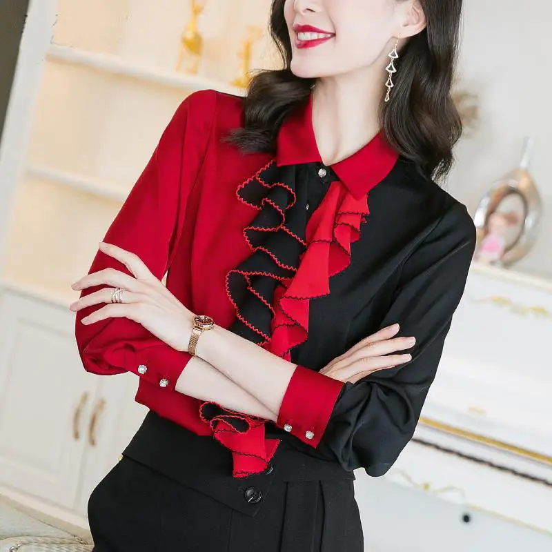 

Imitation silk shirt women's long-sleeved spring and autumn 2021 new fashion temperament imitation silk blouse casual