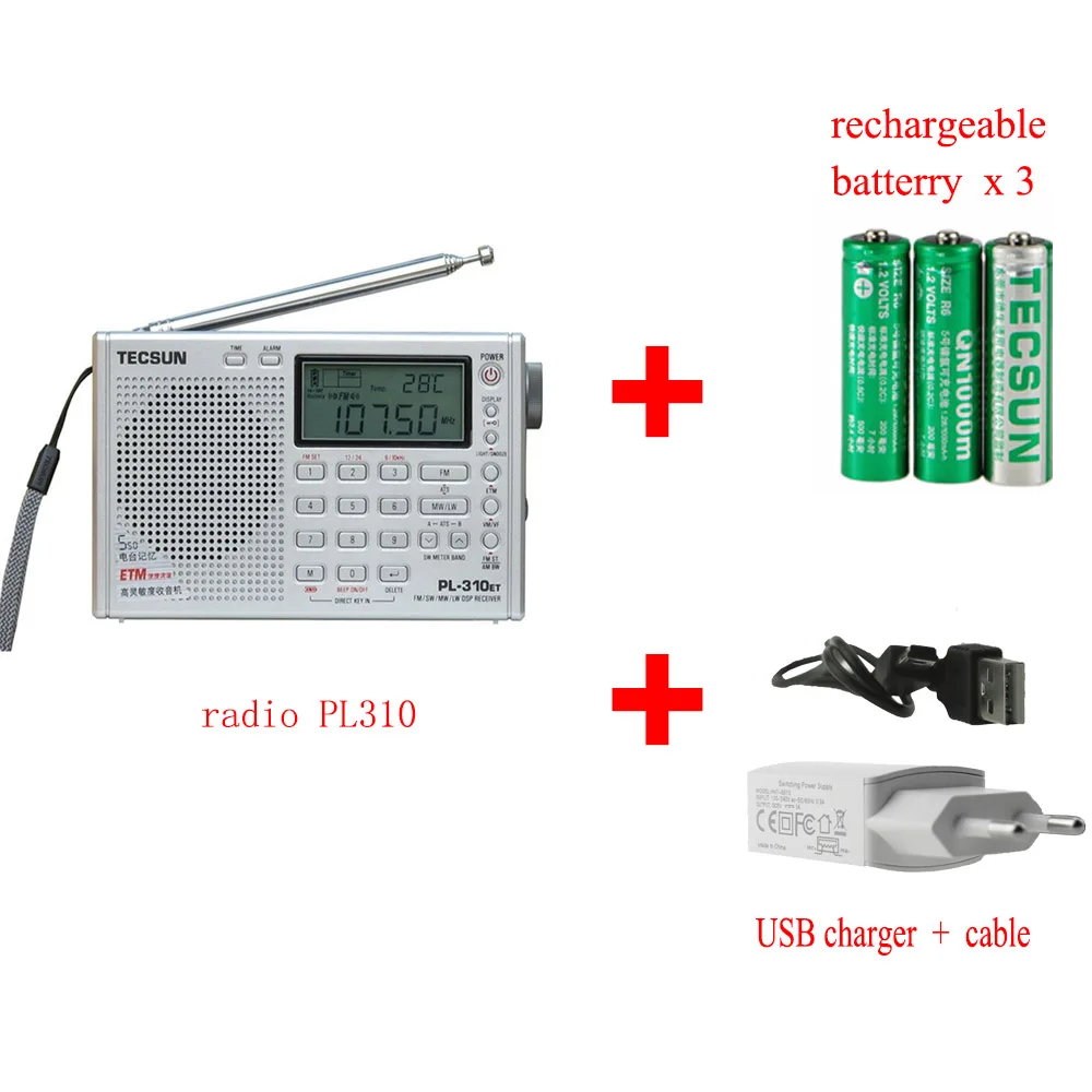 Silver-USB-Battery-3 Tecsun PL-310ET Полнодиапазонный радио цифровой светодиодный дисплей FM/AM/SW/LW стерео радио с сигналом силы вещания - Цвет: Silver-USB-Battery-3
