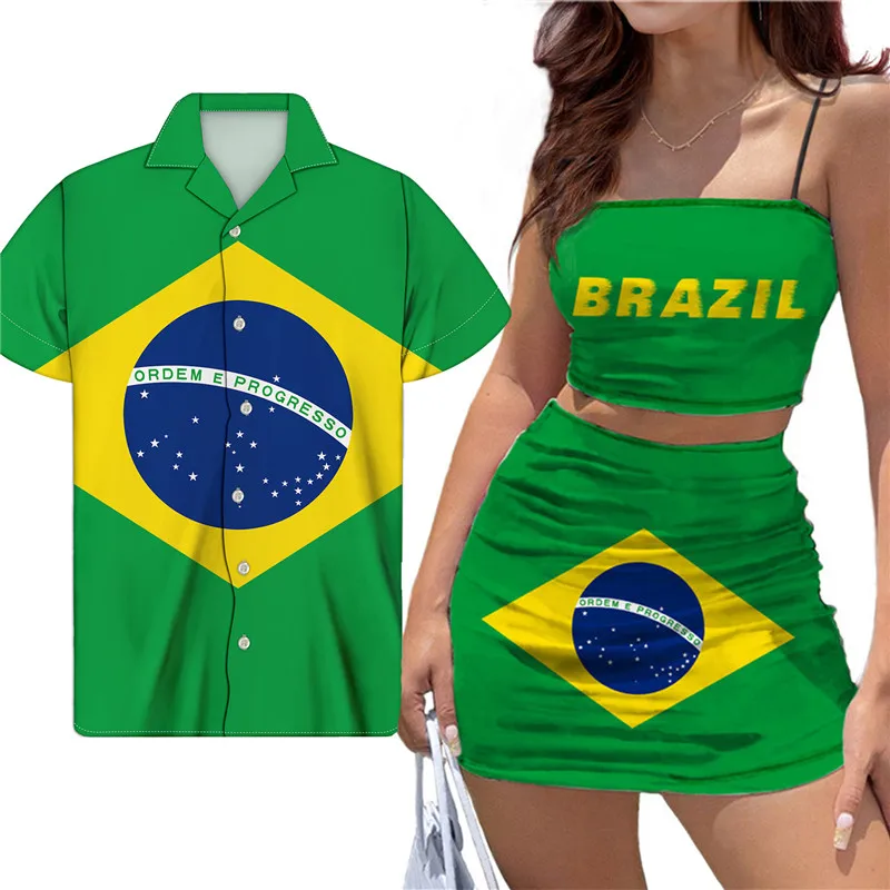 

Casual Brazil Flag Printed Couple Party Clothes Women Sexy Bodycon Short Dress Outfits Plus Men Shirts Fashion Couple Streetwear