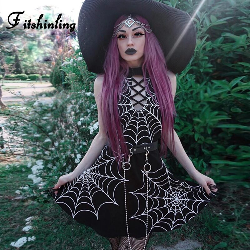Fitshinling Goth Grunge платье с принтом паутины модные готические платья на шнуровке
