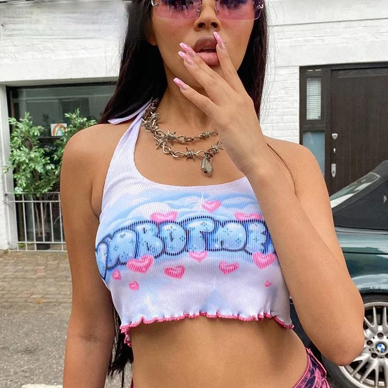 

Graphic and Letter Printing Halter Crop Tops Y2K Fashion Backless Bandage Ruffles Hem Sleeveless Tank Top
