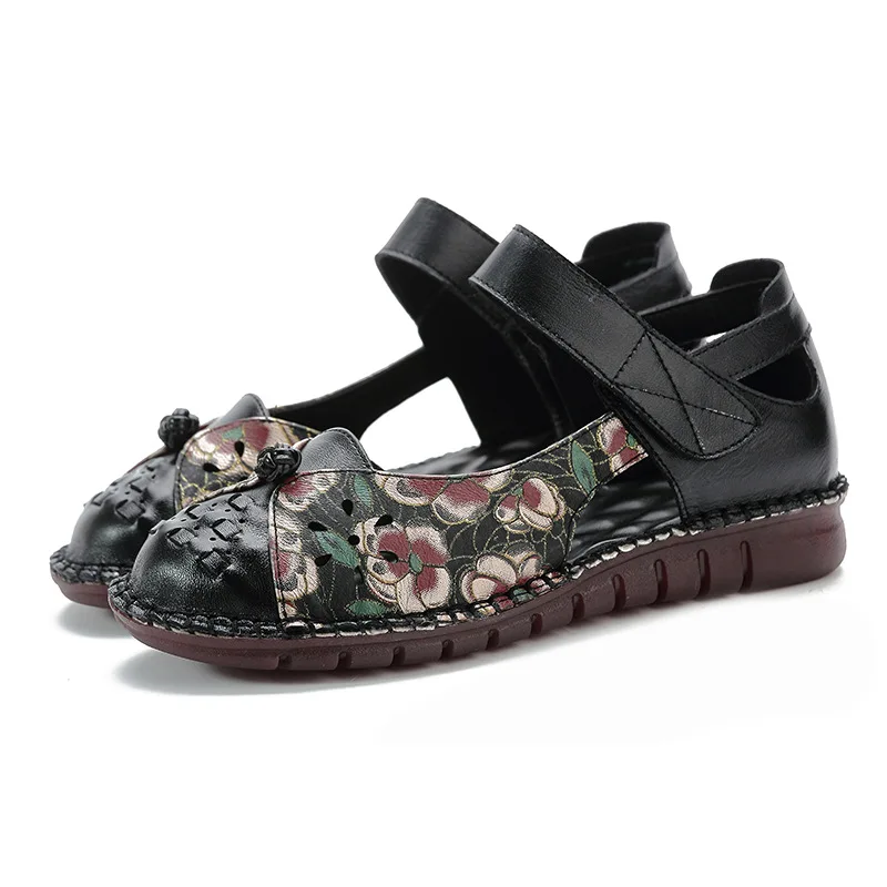 

Genuine Leather Sandals Summer Flower Shoes 2021 New Wedges Casual Shoes Female Toe Cover Sandals Comfortable Leather Sandal