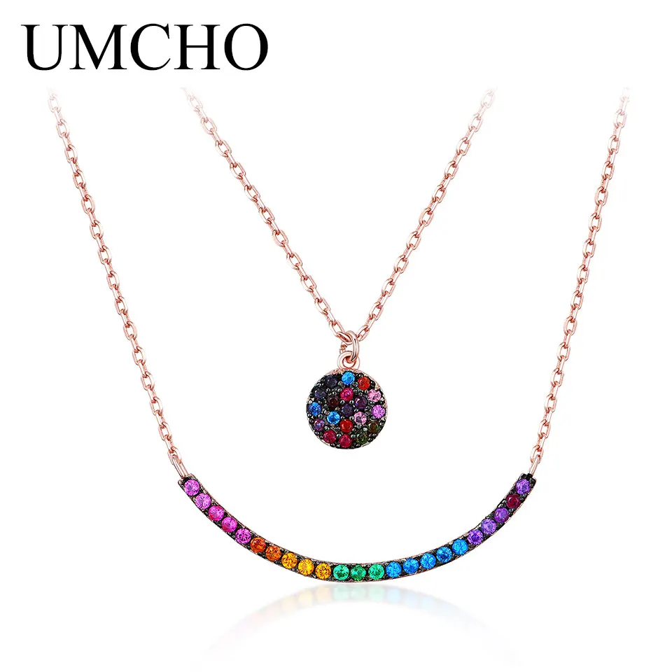UMCHO серебро 925 пробы цветной драгоценный камень смайлик ожерелье Двойная Цепочка