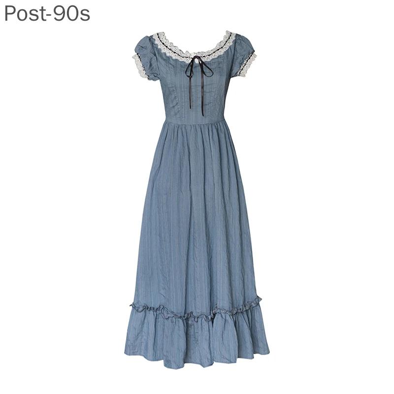 

Women Dress Summer Vintage Elegant Slim European Romance Blue Long Dress Retro Lace Sexy Slash Neck Casual Everyday Midi Dress