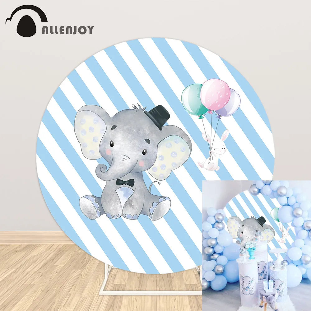

Allenjoy Pink Blue Stripe Elephant Round Background Baby Shower Photography Backdrop Boy Birthday Party Decor Circle Tablecloth
