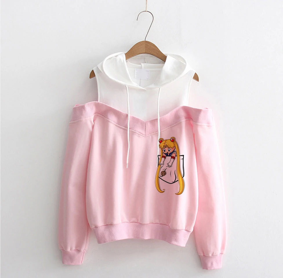 Popualr Cartoon Women Sexy Off Shoulder hoodies Kawaii Girls Spring Autumn Tops Cosplay Harajuku Anime Off Shoulder Sweatshirts