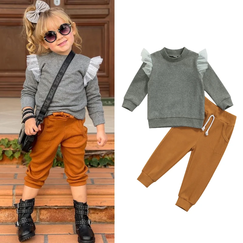

Baby Girl Clothes Set Ruffled Gray Sweatshirt Top Brown Pants Sweatpants 1-6Y Toddler Kids Spring Fall Casual Cotton Outfits