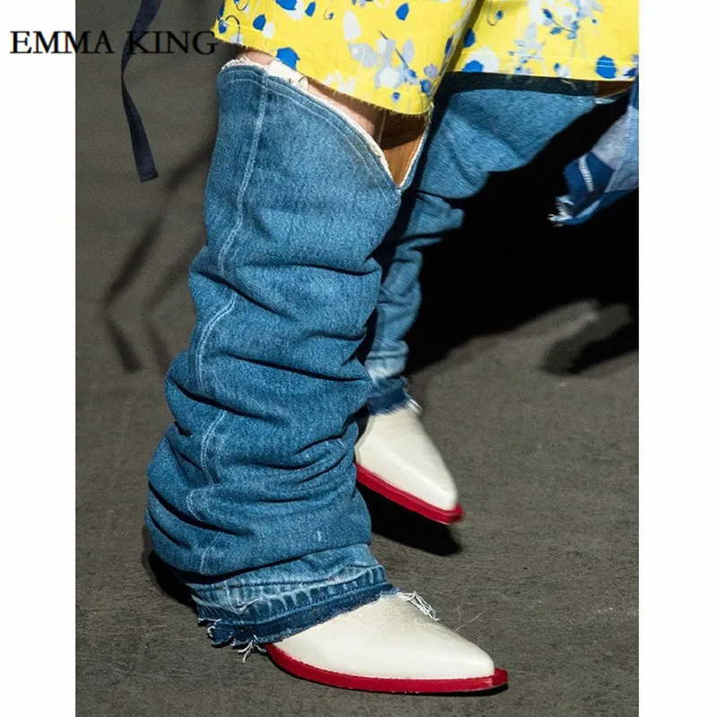 Emma king/женские ковбойские сапоги в западном стиле; осенне-зимние женские джинсовые сапоги до середины икры на высоком массивном каблуке; Bottine; рыцарские высокие сапоги