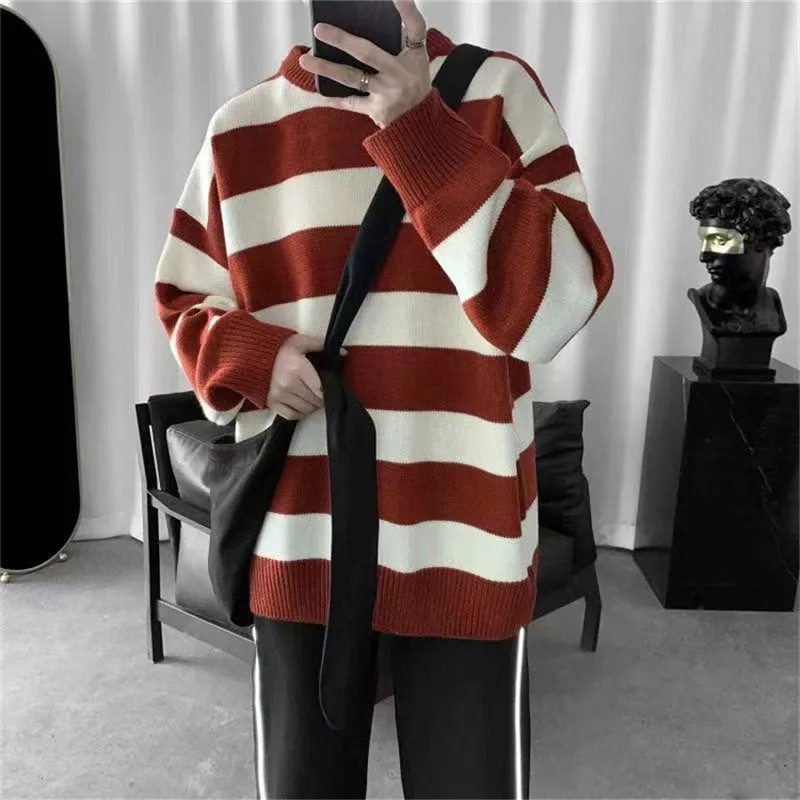 

Harajuku 19SS men's hip-hop sweater striped casual loose knit pullover autumn and winter knitted sweater men and women couples