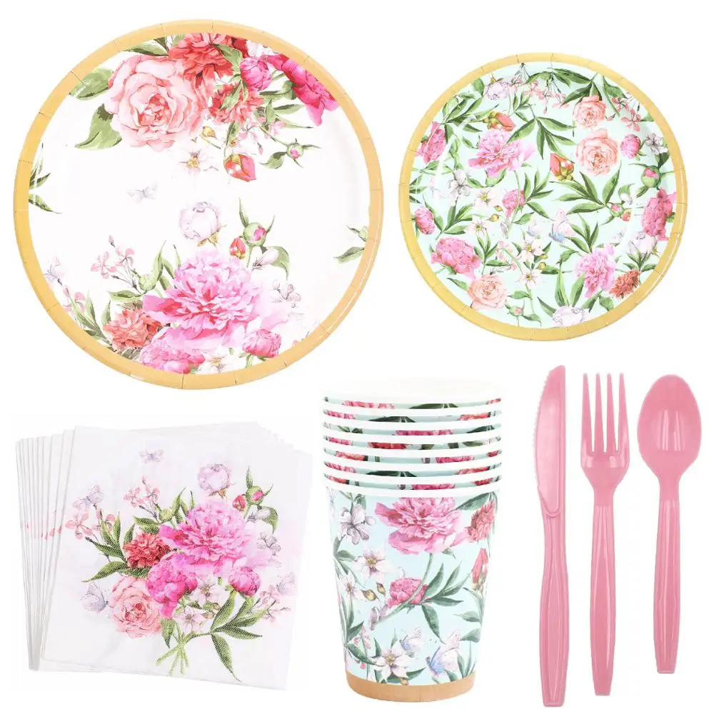 

Hawaii Garden Party Supplies Wedding Birthday Party Decoration Pink Flower Paper Plate Cup Banner For Boy Gift Supplies