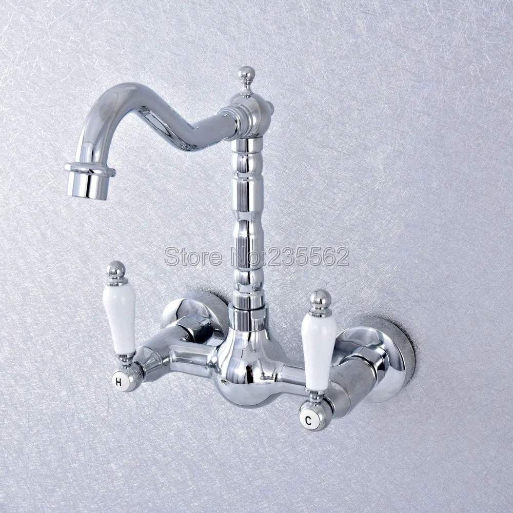 Полированный хромированный настенный смеситель с двойной ручкой для кухонной