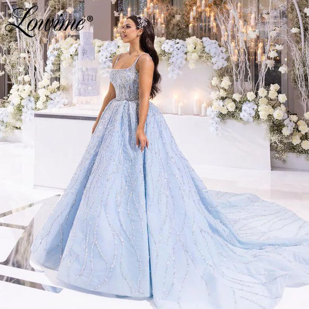 

Lowime Blue Luxury Evening Dresses 2021 Beaded Crystals Sleeveless Bridal Dress Long Party Dress Custom Made Plus Size Prom Gown