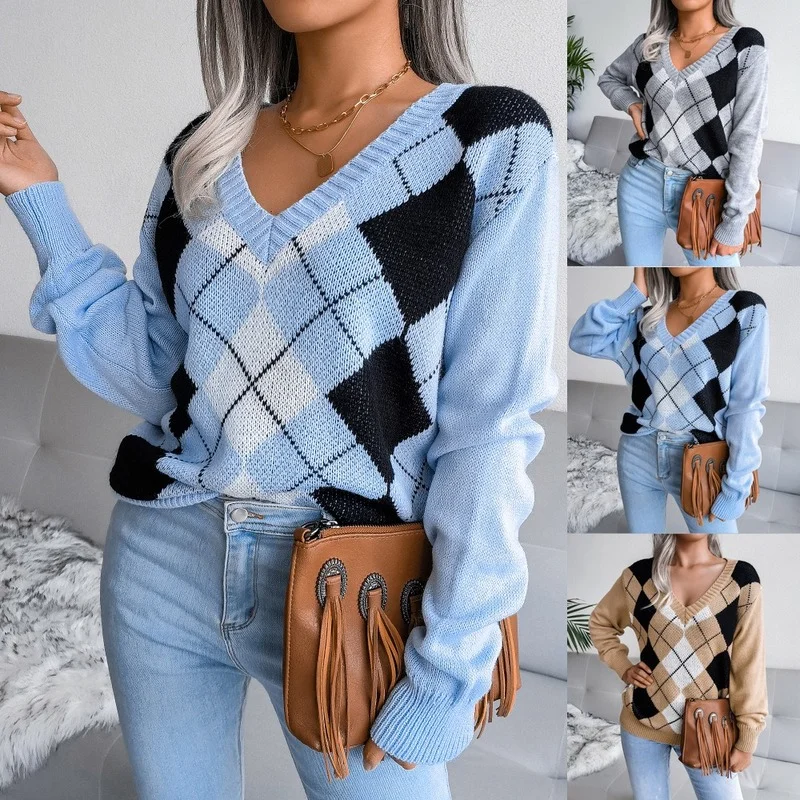 

Plaid Stitching Knit Shirt Casual Diamond Long-sleeved Sweater V-neck Slim Temperament Commuter Pullover Fashion All-match Women